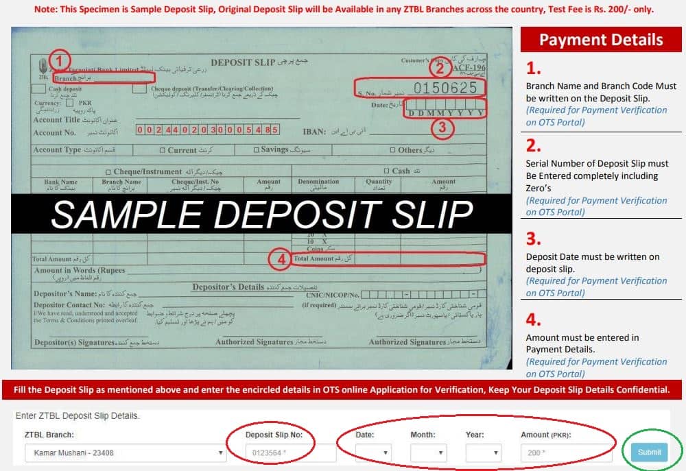 Sample OTS fee Deposit slip for ZTB Jobs