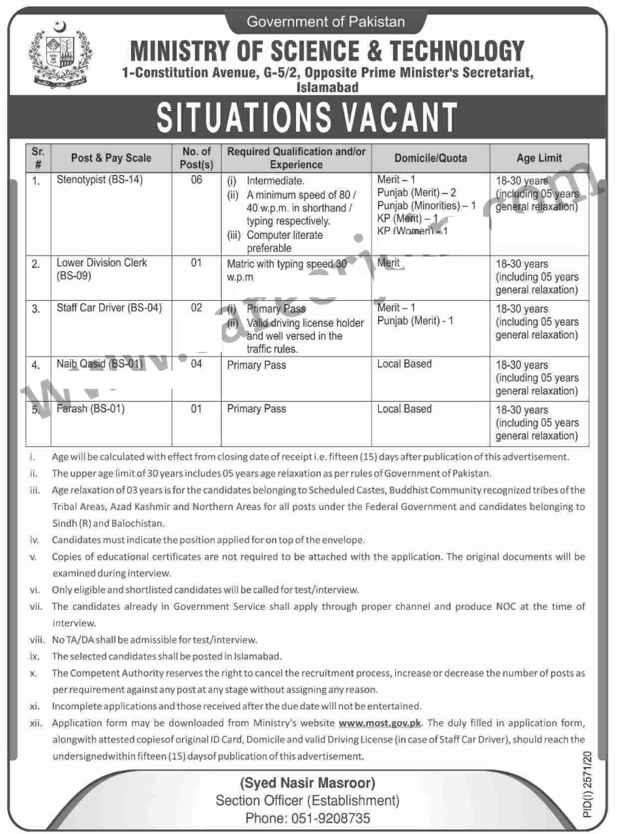 Ministry Of Science And Technology Jobs November 2020 Official Advertisement