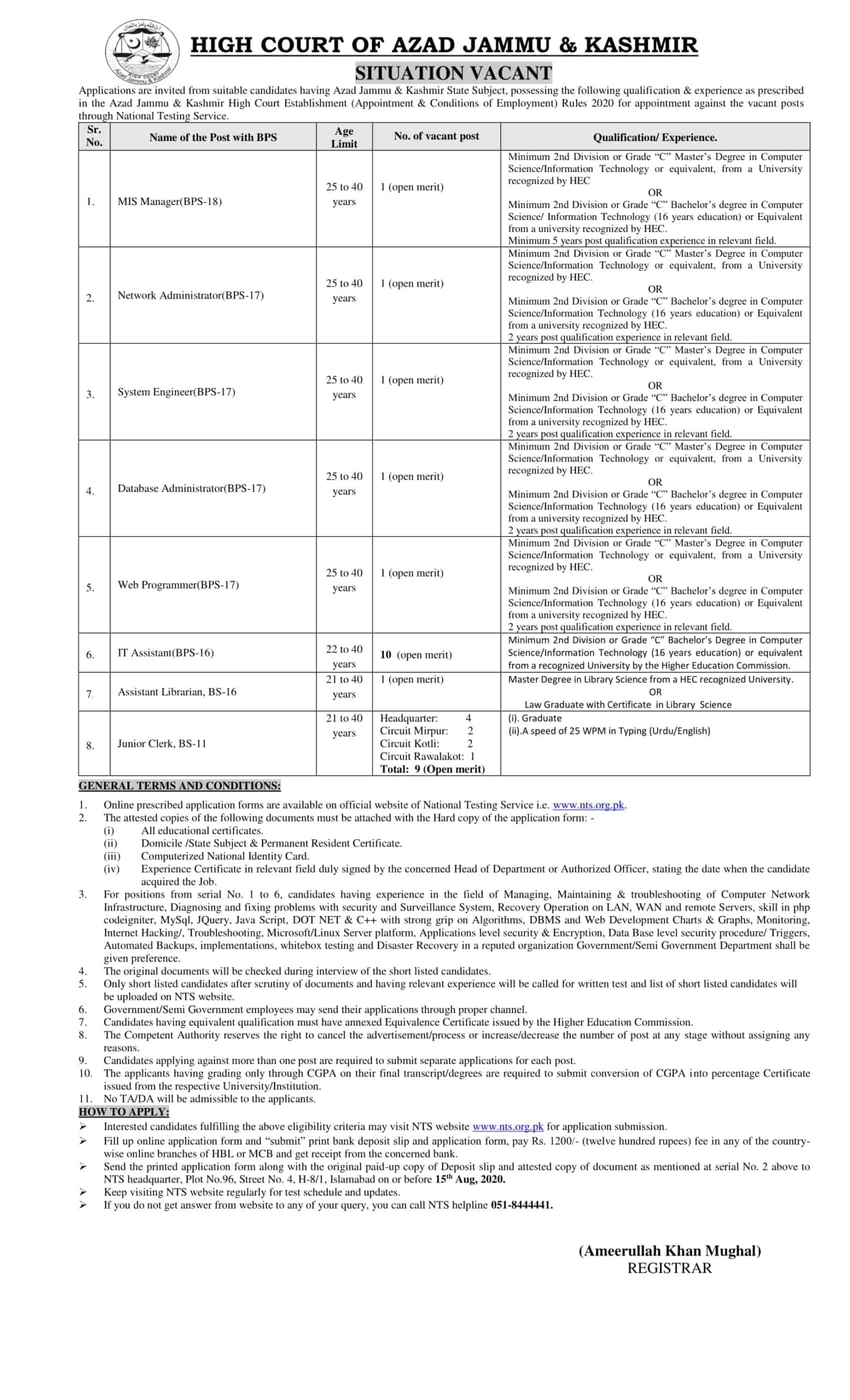 Azad Kashmir High Court NTS Jobs August 2020