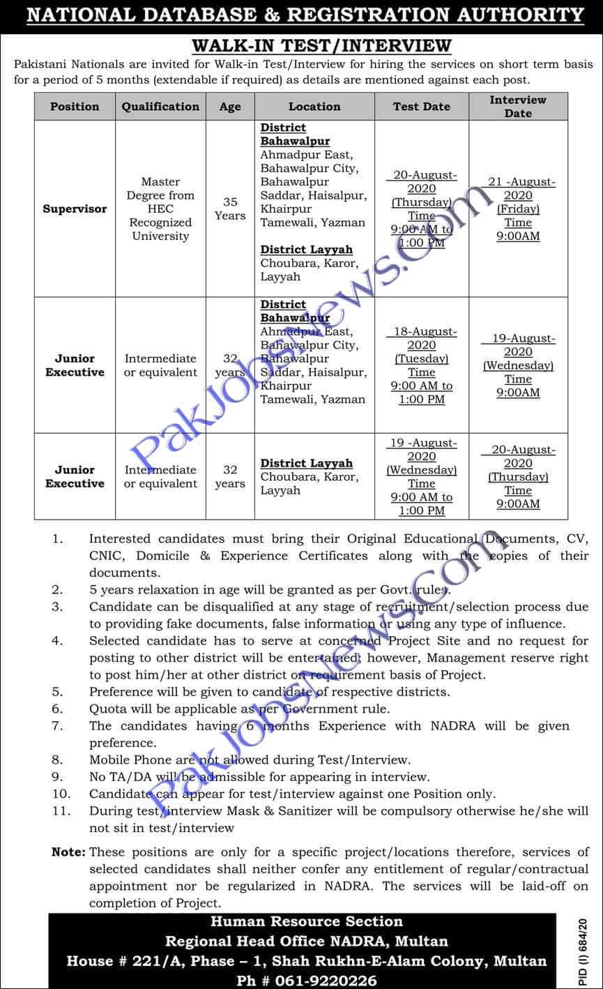 Latest NADRA Jobs 2020 for supervisors & Junior Executive 