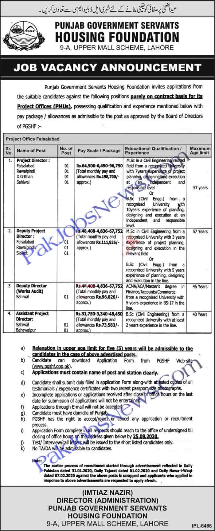 Punjab Government Servants Housing Foundation PGSHF Jobs