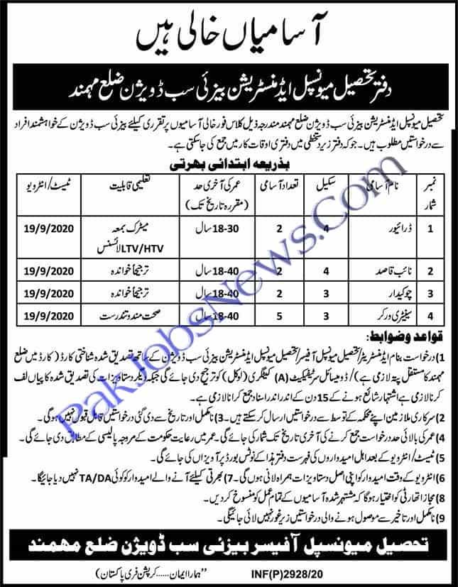 Tehsil Municipal Administration Jobs 2020