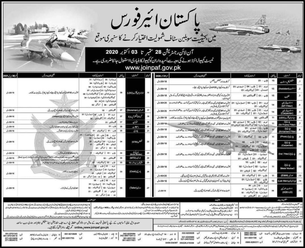 PAF Civilian Jobs September 2020 Original Advertisement