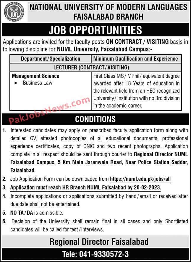 NUML university jobs 2023