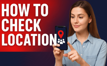 A girl holding a smartphone with live location icon on screen and people markers around, representing location tracking.