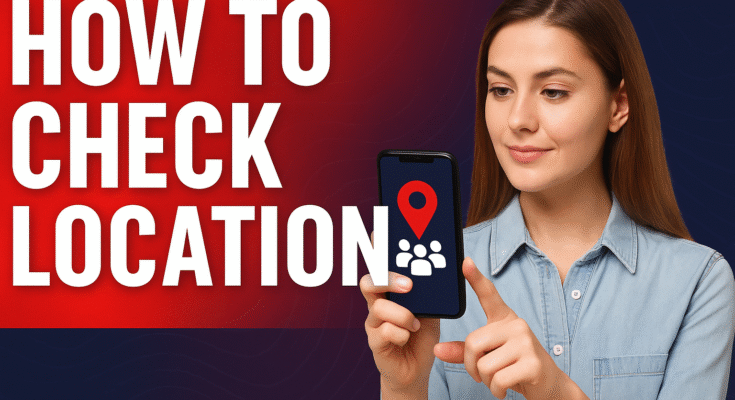 A girl holding a smartphone with live location icon on screen and people markers around, representing location tracking.