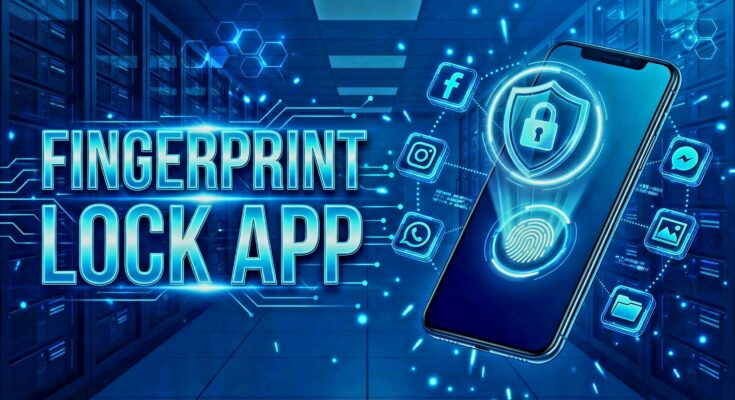 Fingerprint lock app thumbnail showing a secure phone with fingerprint and app icons