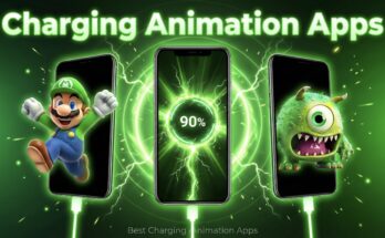 Charging animation app thumbnail showing green neon charging screen with 90% battery, cartoon characters, and glowing mobile charging effects